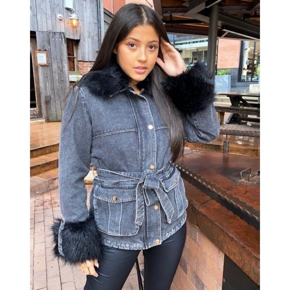 Shearling Lined Long Sleeve Denim Jeans Jacket with Detachable Fur Collar & Cuff - Picture 5 of 13